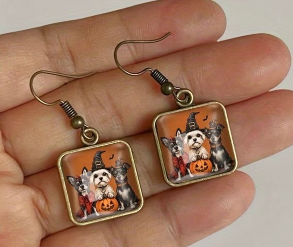 Halloween Dog Square Bronze Tone Dangle Earrings New